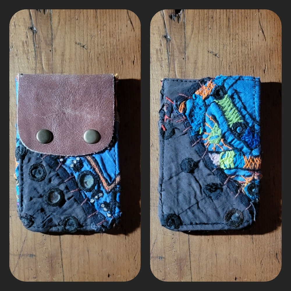 🧠🍳 Free People Boho Embroidered Repurposed vtg banjara hippie Wallet card case